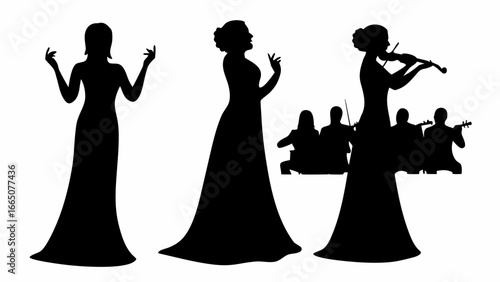 Silhouettes of a singer, a violinist and an orchestra performing on stage in a concert performance art show | editable eps vectors