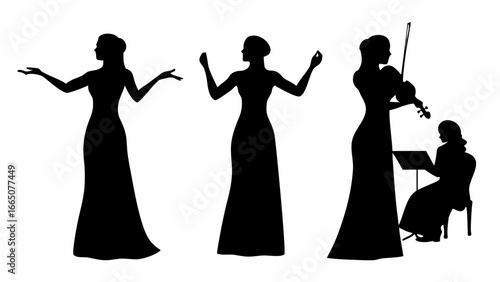 Silhouettes of three women in gowns one conducting and one playing violin with pianist behind her | editable eps vectors
