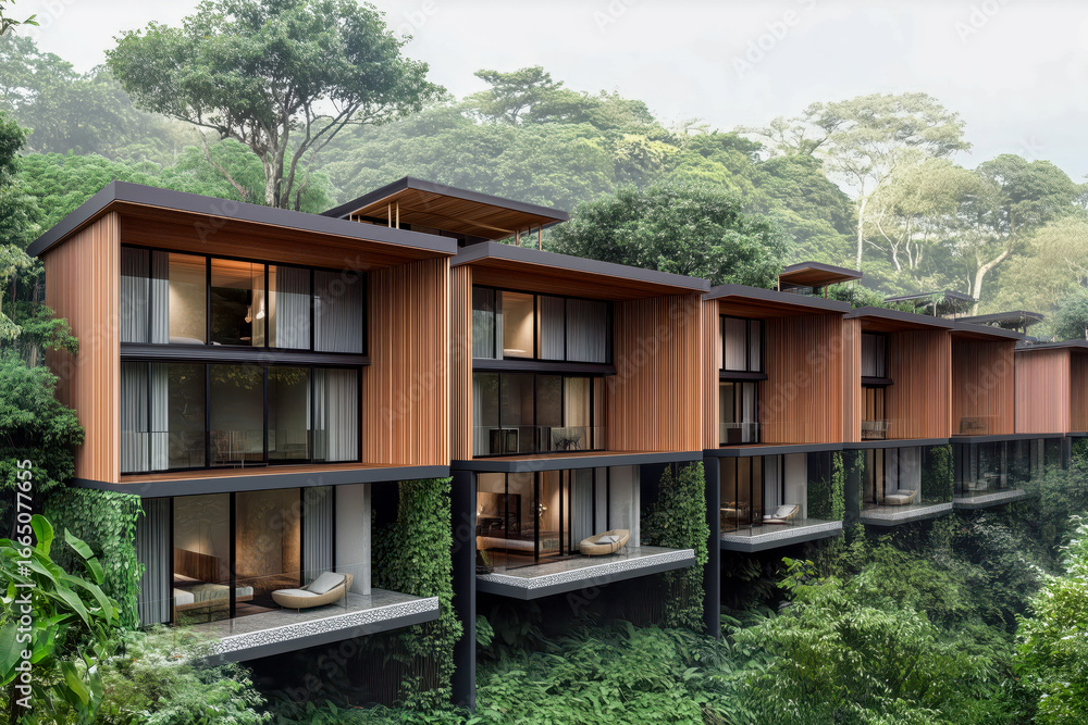 Fototapeta premium Eco-friendly resort in a tropical rainforest, with sustainable architecture and abundant wildlife