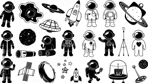 Illustration of various space elements including astronauts, planets, rockets and ufo in black and white | editable eps vectors silhouette
