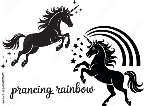 Majestic Unicorn Silhouettes Prancing with Rainbow and Stars Fantasy Art Print Vector Illustration Magical Creatures and Whimsical Design for Various Creative Projects