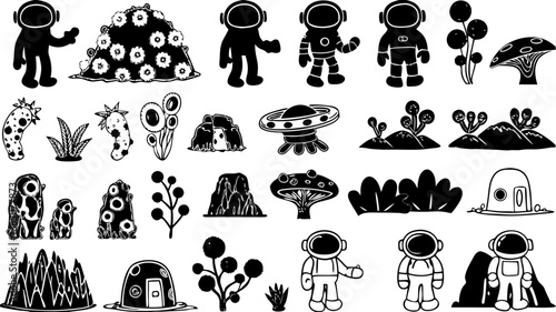 Illustration of various astronauts, alien plants, ufo, and habitats in a black and white color palette | editable eps vectors silhouette