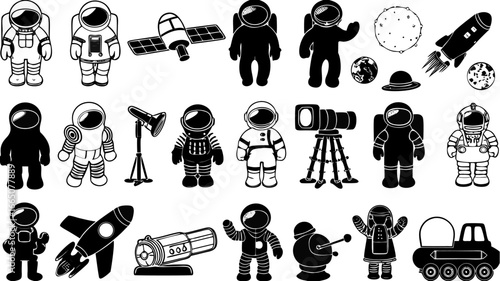 Illustration featuring astronauts, rockets, planets, a satellite, and telescopes in a cartoon style design | editable eps vectors silhouette
