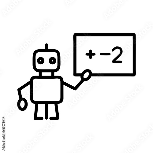 Robot teacher presenting math problem on whiteboard  