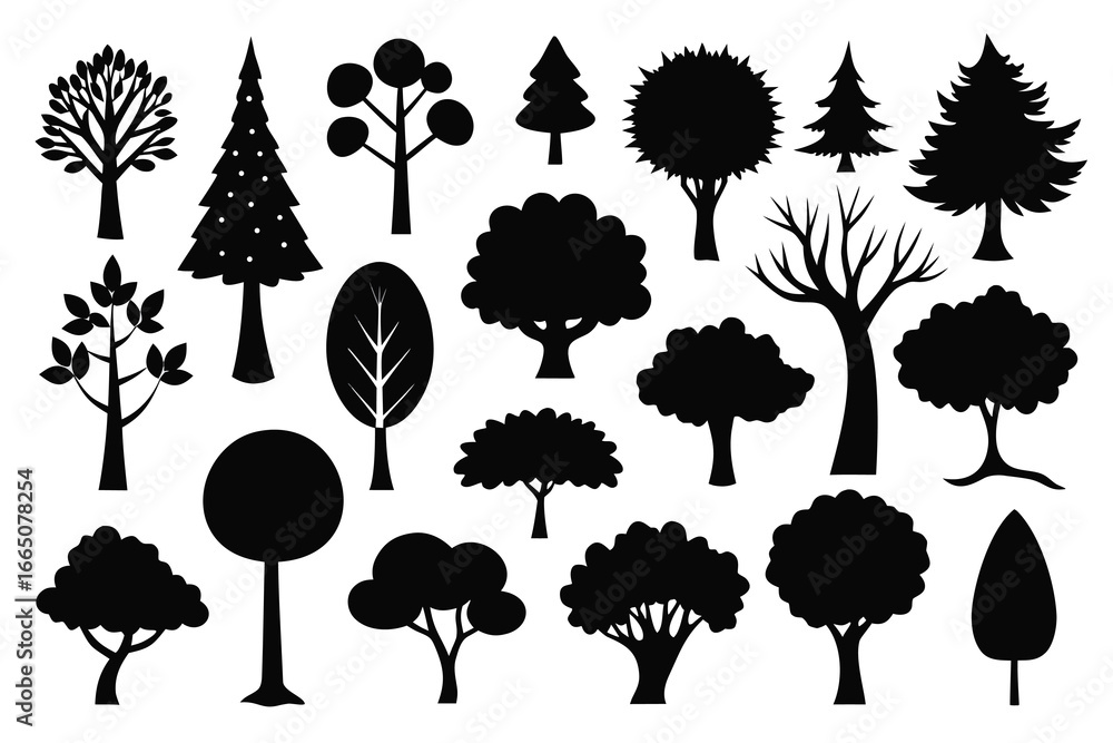 Fototapeta premium Black and White Silhouette Illustration Various Deciduous and Evergreen Tree Shapes Set