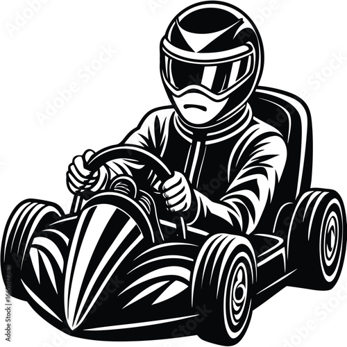 Black and White Kart Racer with Helmet and Racing Suit