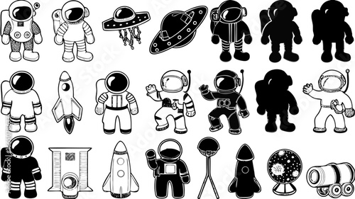 Illustration of various cartoon astronauts, rockets, and spaceships in black and white coloring style | editable eps vectors silhouette