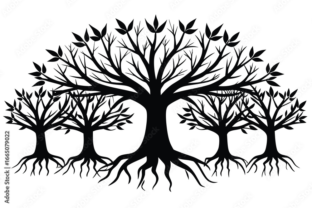 Obraz premium Black Trees Silhouette Illustration with Roots, Branches, and Leaves on White Background