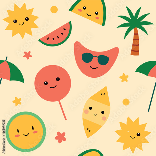 A vibrant and cheerful seamless pattern featuring cute cartoon summer fruits like watermelon slices smiling suns and a playful palm tree perfect for children s designs and beach themed decorations