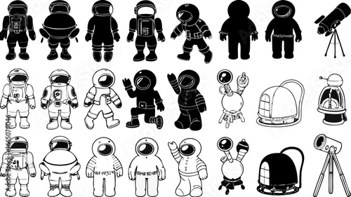 Illustration showcasing various cartoon astronauts along with space exploration equipment and habitats | editable eps vectors silhouette