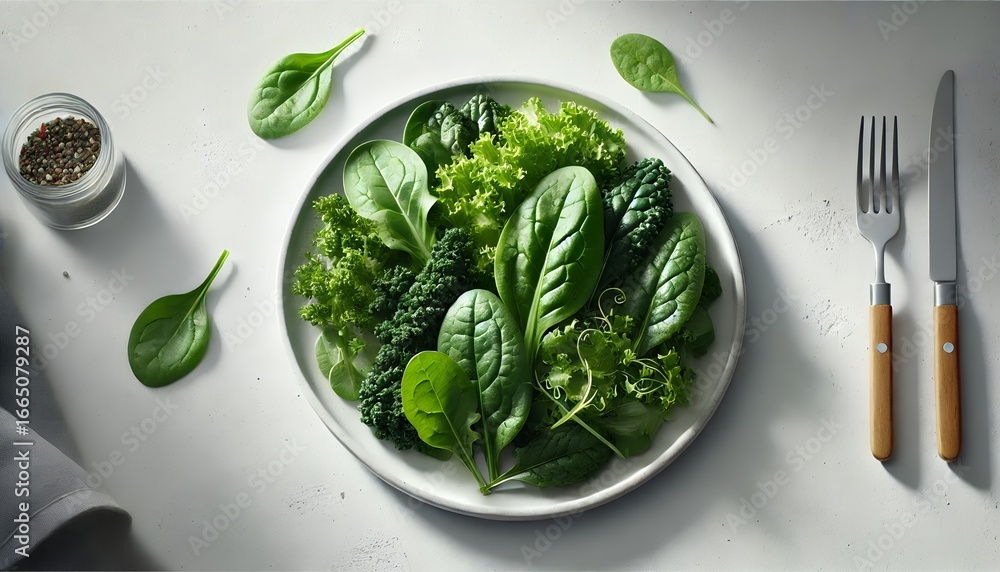 Obraz premium A topdown view of a plate filled with fresh green vegetables, including spinach, lettuce, and broccoli, with cutlery