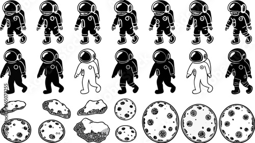 Illustration of multiple astronauts walking alongside celestial bodies and space rocks in monochrome style | editable eps vectors silhouette
