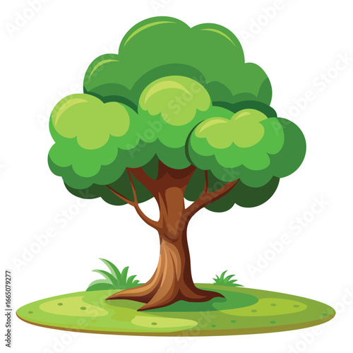 Cartoon Tree with Green Leaves and Brown Trunk on a Grassy Patch