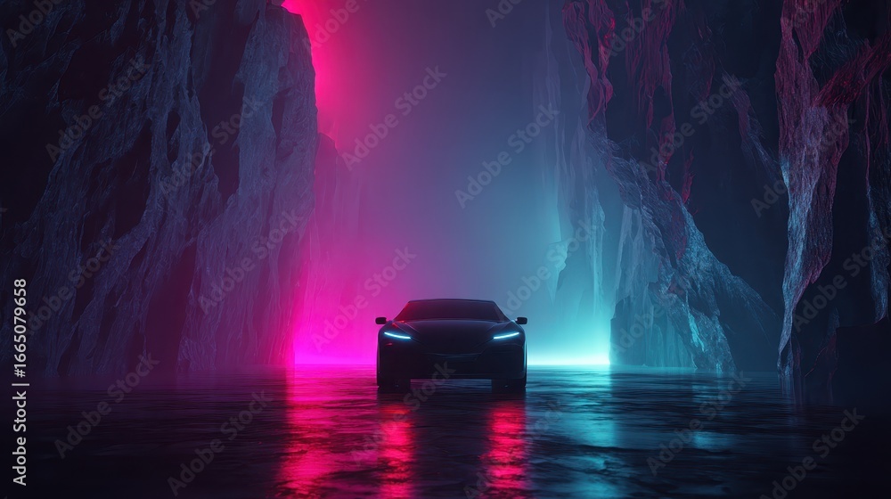 Obraz premium Futuristic car in neon canyon, digital art, sci-fi backdrop, concept art