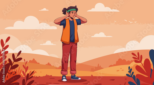 Illustration of a Stressed Person Covering Ears Outdoors at Sunset