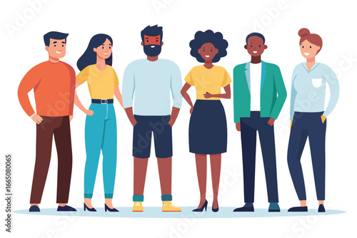 Diverse Cartoon People Standing Together, Smiling Business Team, Friendship, Cooperation, Unity