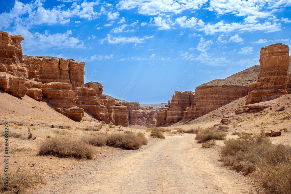 Fototapeta premium A deserted road along an ancient canyon. Landscape background, Kazakhstan
