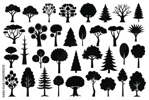 Diverse Collection of Tree Silhouettes Featuring Assorted Species and Shapes on White Background