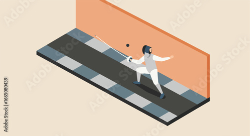 Person fencing indoors against wall. Isometric vector sport illustration