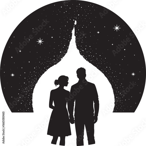 Silhouette of couple gazing at starry night with moon romantic relationship illustration love concept together forever wedding honeymoon journey