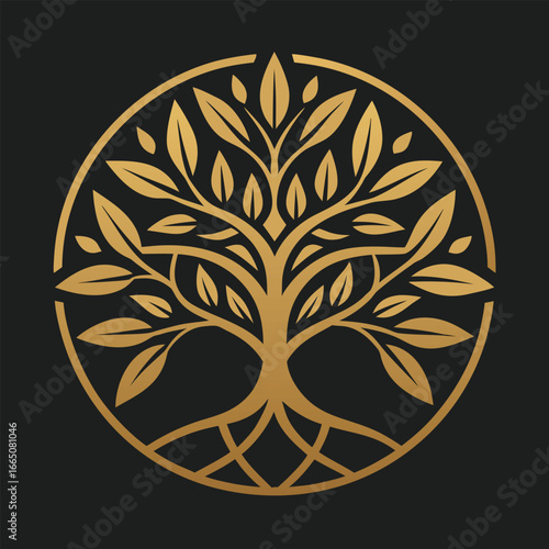 Golden Tree of Life Circle Logo Design on Dark Background Illustration