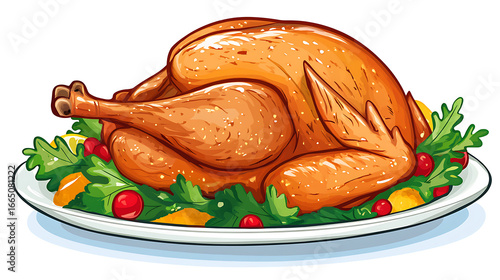 A beautifully roasted turkey on a platter with garnish ready to be served for thanksgiving dinner