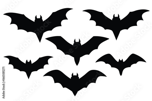 Halloween Silhouettes Seven Black Bats Flying in Formation on White Background for Spooky Decor