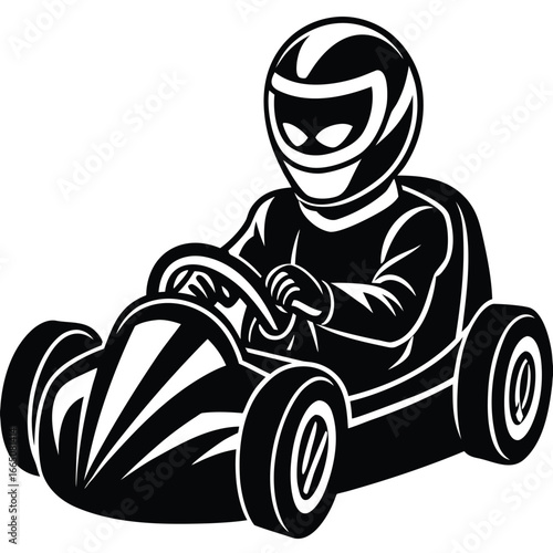 Karting Monochrome Illustration Driver in Helmet on GoKart, Racing Vehicle