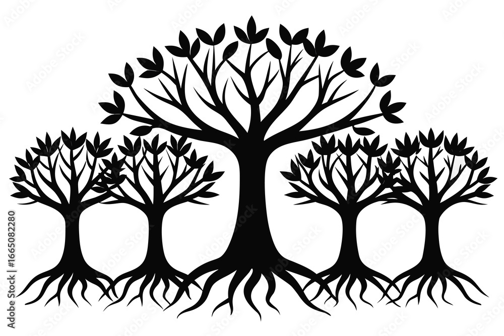 Fototapeta premium Silhouette of Five Trees with Leaves and Roots Isolated on White Background
