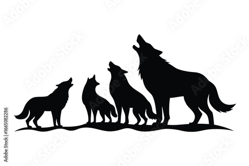 Silhouette of Four Wolves Howling Together as a Pack on a Grassy Knoll Backdrop