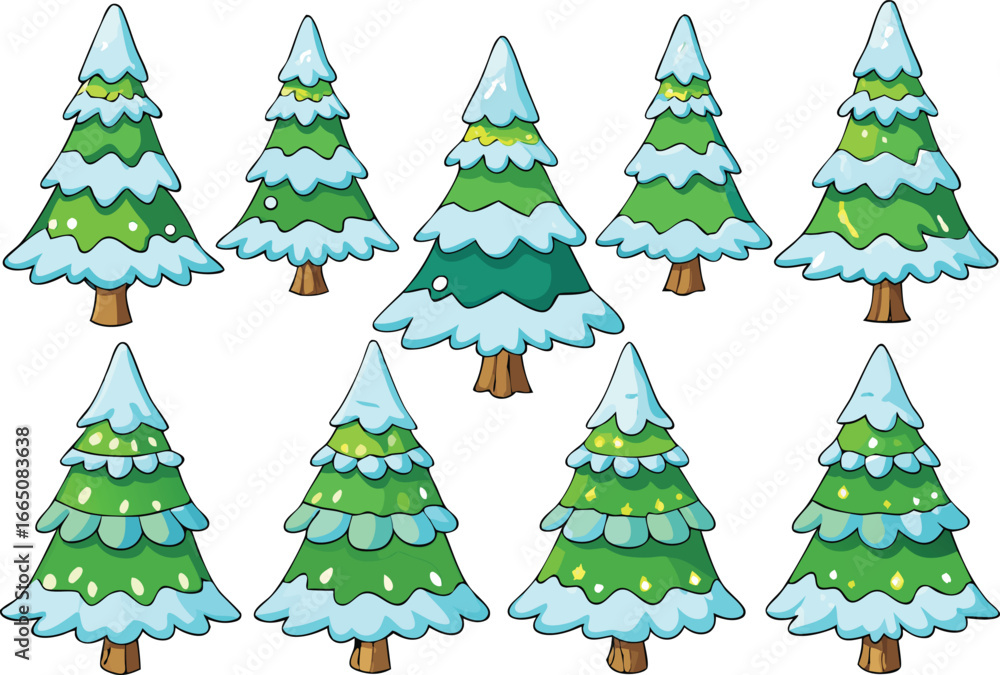 Obraz premium Vector art of collection of cartoon christmas trees with snow on branches