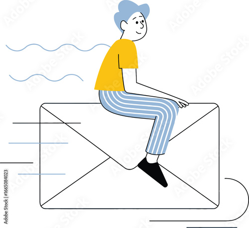 Person riding email envelope illustration for fast message delivery.