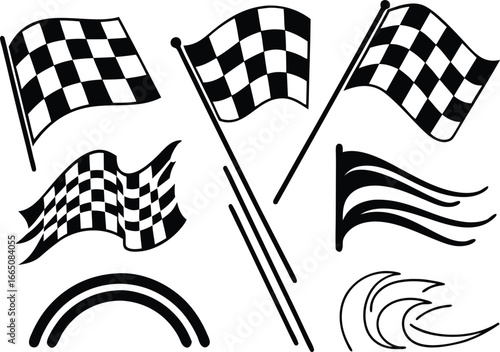 Checkered Flags and Racing Elements: A collection of checkered flags and racing elements.