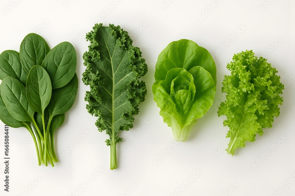 Fototapeta premium Fresh spinach, kale, and romaine lettuce leaves arranged on a white background, healthy food selection