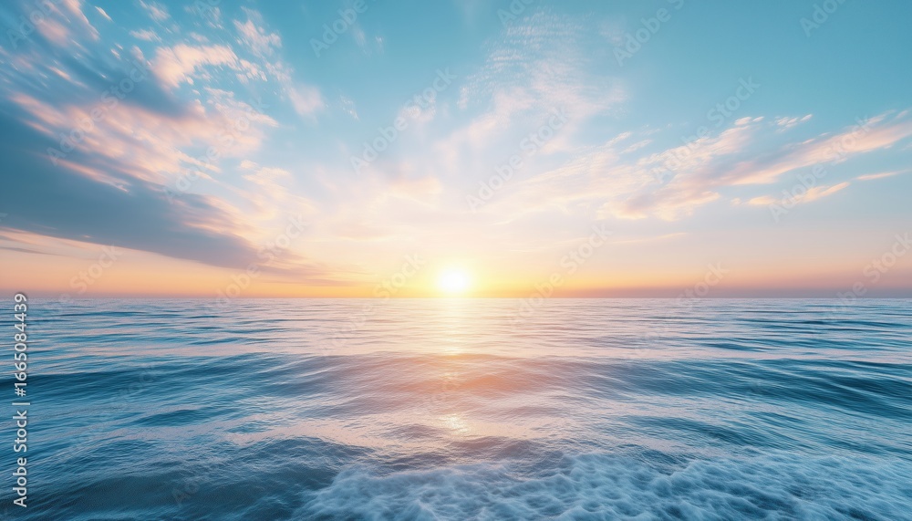 Fototapeta premium Tranquil Freedom: Abstract Sunrise Beach Landscape With Panoramic Ocean View And Calm Sunlit Horizon In Artistic Seascape Nature