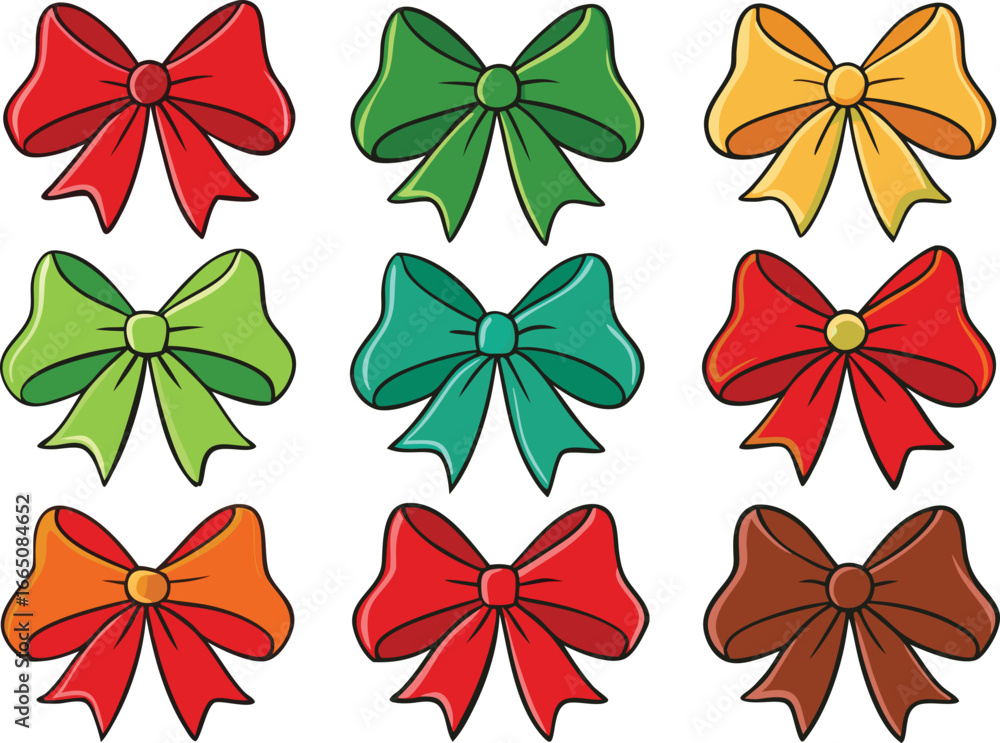 Fototapeta premium Vector art of collection of nine colorful decorative bows in various shades of red, green, yellow, orange, and brown, isolated on a for festive occasions