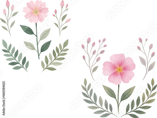 Watercolor Pink Flowers and Green Leaves Isolated on White Background