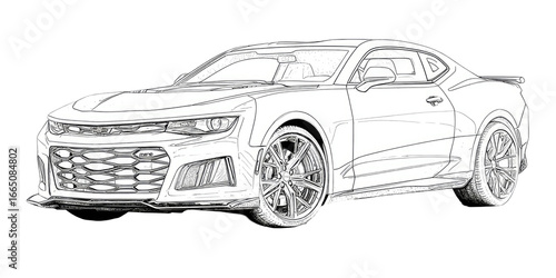Line drawing of a sporty coupe car.  Detailed outline showcasing aggressive styling