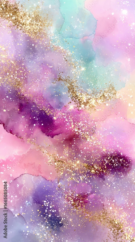 Fototapeta premium Pastel galaxy swirls with gold glitter. Abstract, dreamy, watercolor background