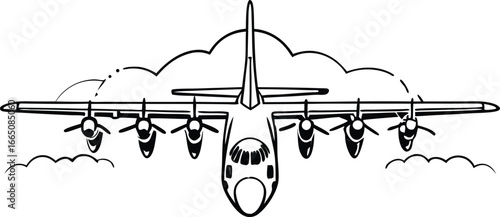 Air transport prowess: A front view of a mighty aircraft soaring through the atmosphere, its robust form gracefully gliding over a world of wispy cloud formations.