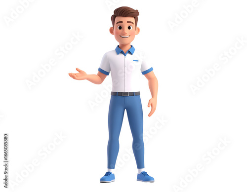Friendly animated character in a polo shirt and blue pants smiles and gestures with an open hand.