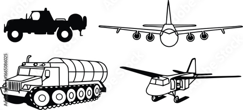 Transportation Ensemble: A minimalist, monochrome illustration showcasing diverse modes of transport, from a rugged truck to a sleek airplane, offering a graphic design resource.