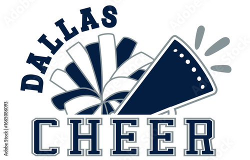 Cheerleader Football illustration. Dark Blue and Grey Pom-poms, a Megaphone and the word CHEER, Dallas Vector cheerleading illustration.