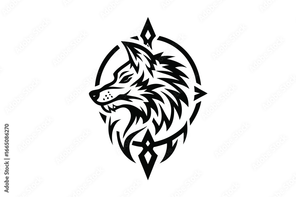 Fototapeta premium Wolf Head Tribal Tattoo, Icon in Black and White with Sharp Edges