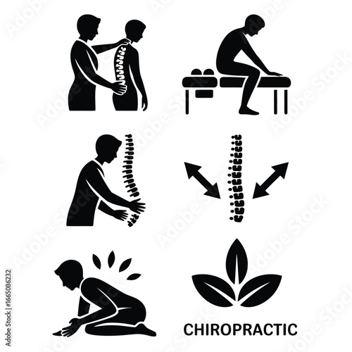 Black and white vector symbols set of chiropractic care with spine adjustment, massage bed, hand press, alignment arrows, and wellness leaf