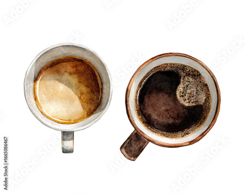 Two coffee cups, top view,  showing espresso and dark coffee.  A light cream colored cup with espresso, and a brownish-red cup with dark coffee.  Watercolor style