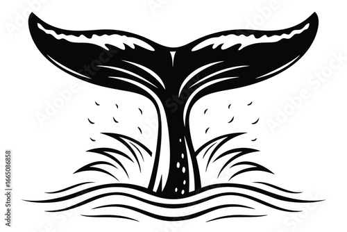 Whale Tail Silhouette Graphic, Ocean Waves, White Background, Marine Life Icon