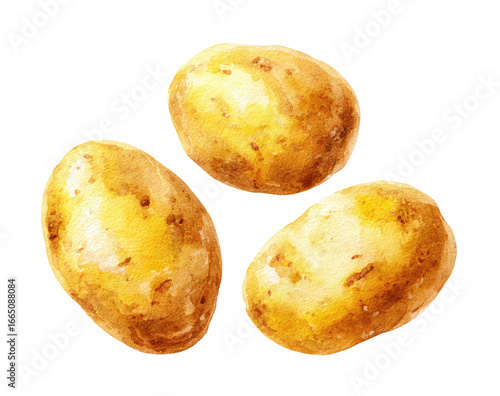 Three whole potatoes,  watercolour style,  light golden brown,  oval shapes,  close-up view