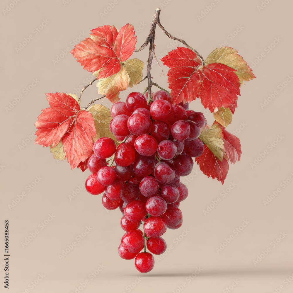 Obraz premium Vibrant red grape cluster with lush leaves fresh and ripe for harvest showcasing healthy natural produce ideal for healthy eating nutrition and food industry