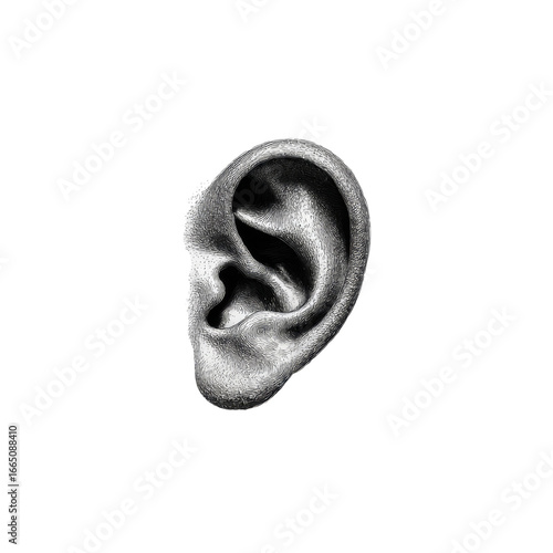Close-up grayscale image of an ear